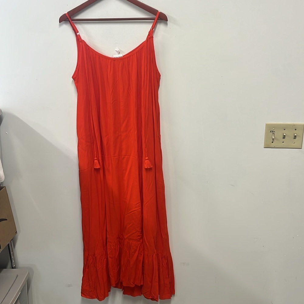 Ava Viv Red/Orange Maxi Dress spaghetti strap Tassle bowtie ruffle plus size 1X - Picture 4 of 9